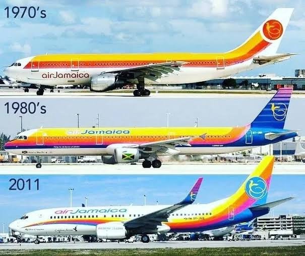 Air Jamaica livery across three decades: the 1970s, 1980s and 2011 colour schemes that defined the airline's look.